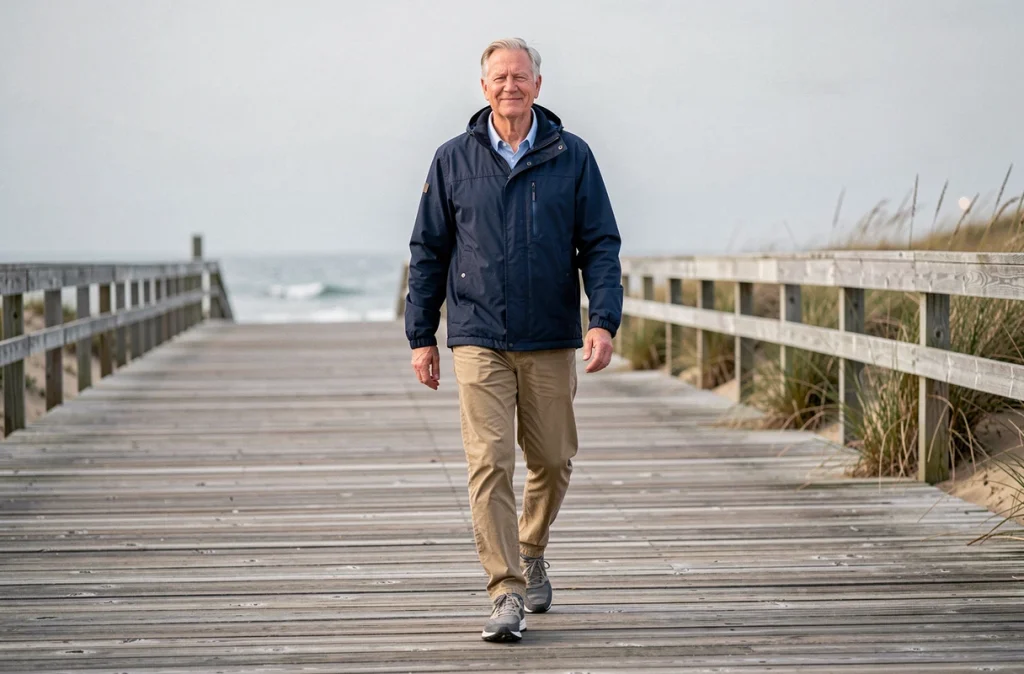 Homme âgé marchant sur une promenade côtière en bord de mer, symbolisant la pratique régulière de la marche pour préserver la mobilité articulaire