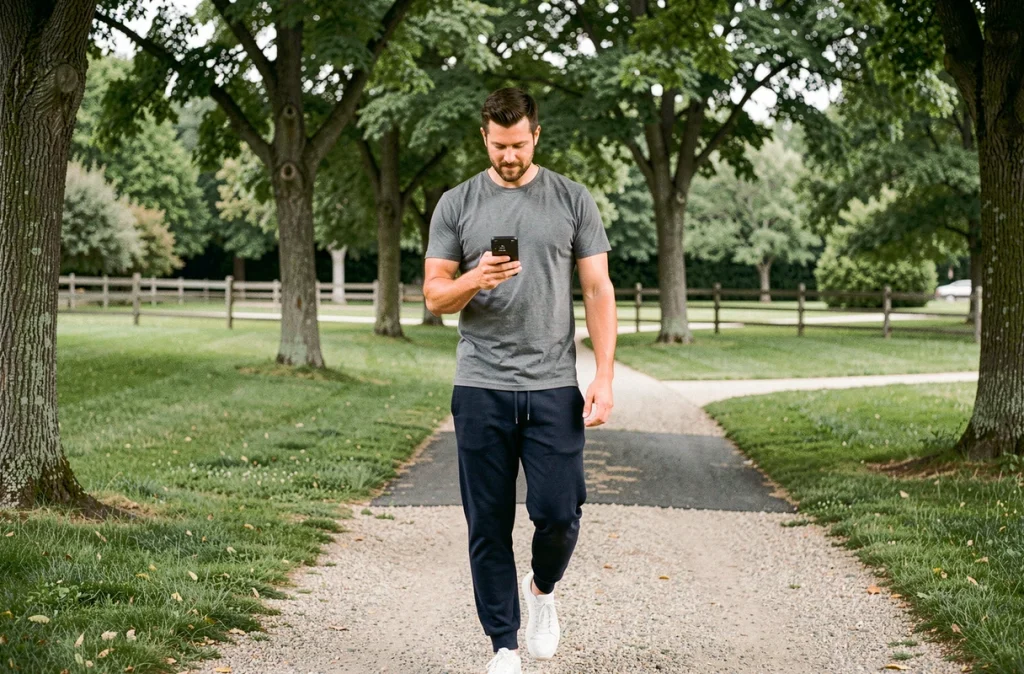 Homme consultant une application de comptage de pas sur son téléphone lors d'une marche en parc