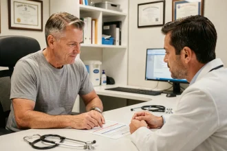 Homme d'âge mûr consultant un médecin au sujet d'un bilan sanguin avec excès de ferritine