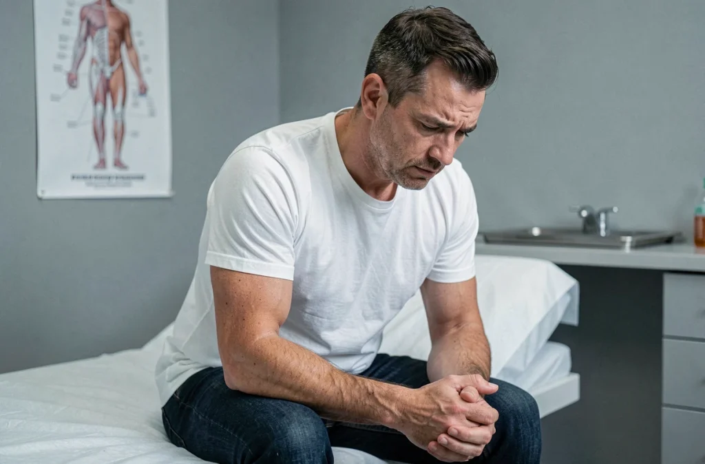 Homme en consultation médicale examinant ses mains, évoquant les troubles neurologiques liés à la sclérose en plaques