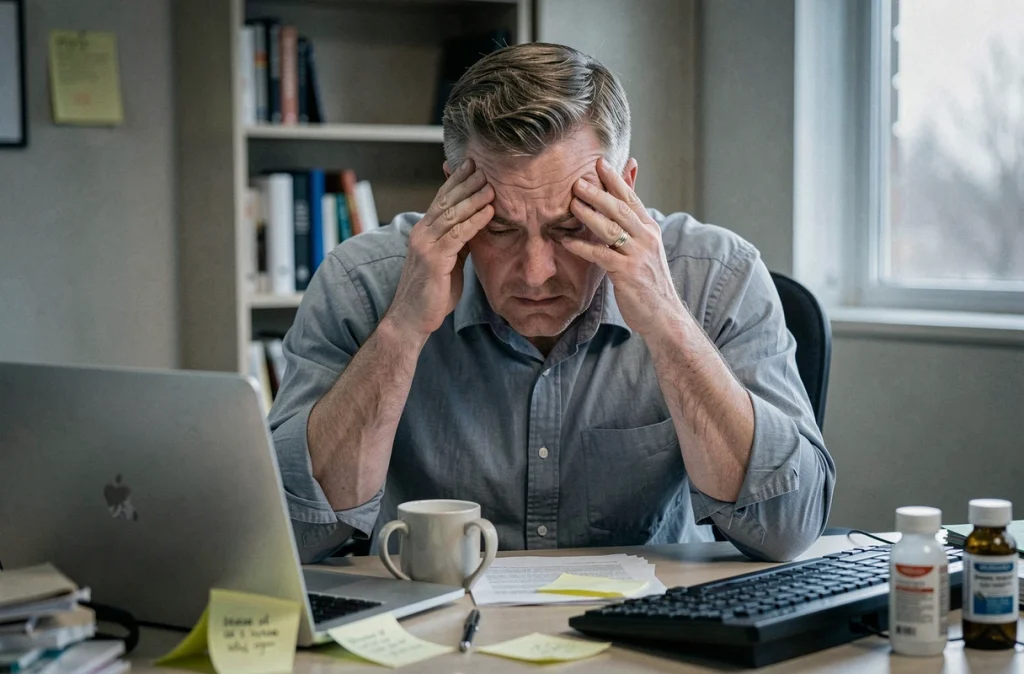 Homme en télétravail souffrant de fatigue chronique liée à la fibromyalgie, les mains sur les tempes devant son bureau