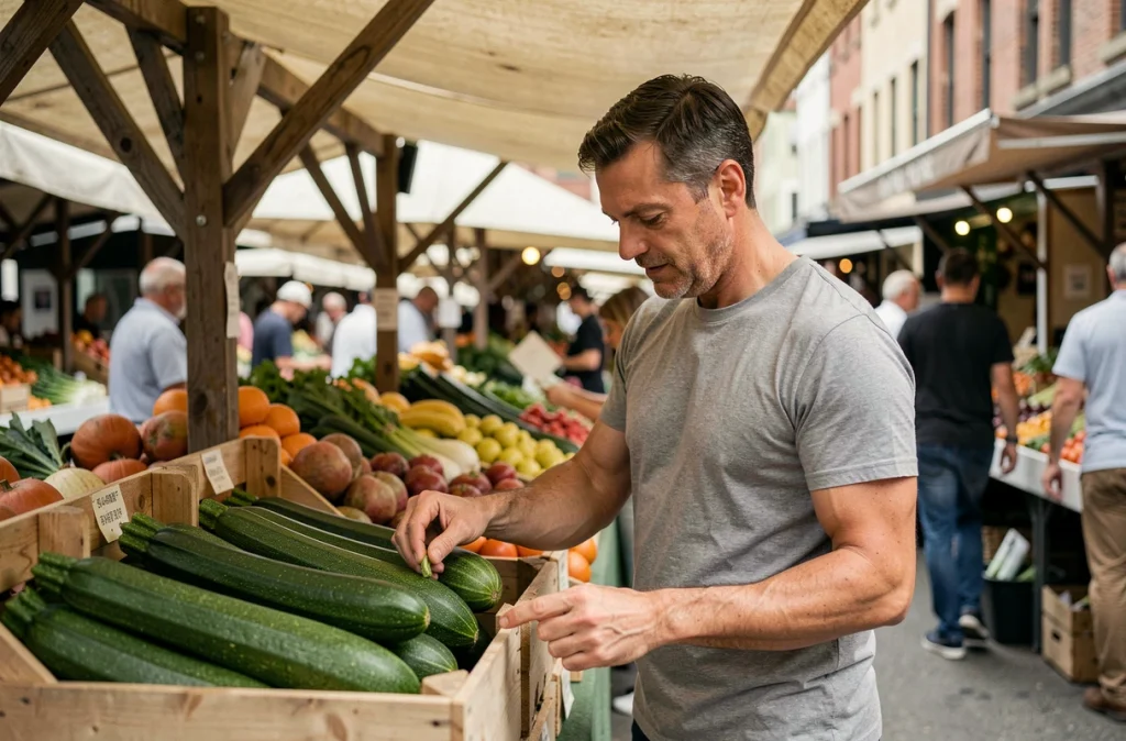 Homme examinant des courgettes fraîches au marché fermier, symbole d'une alimentation saine et de choix alimentaires bénéfiques pour la santé