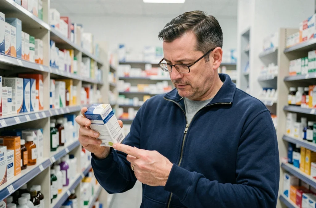 Homme en pharmacie lisant l'emballage d'un médicament digestif à base de citrate de bétaïne dans le rayon médicaments