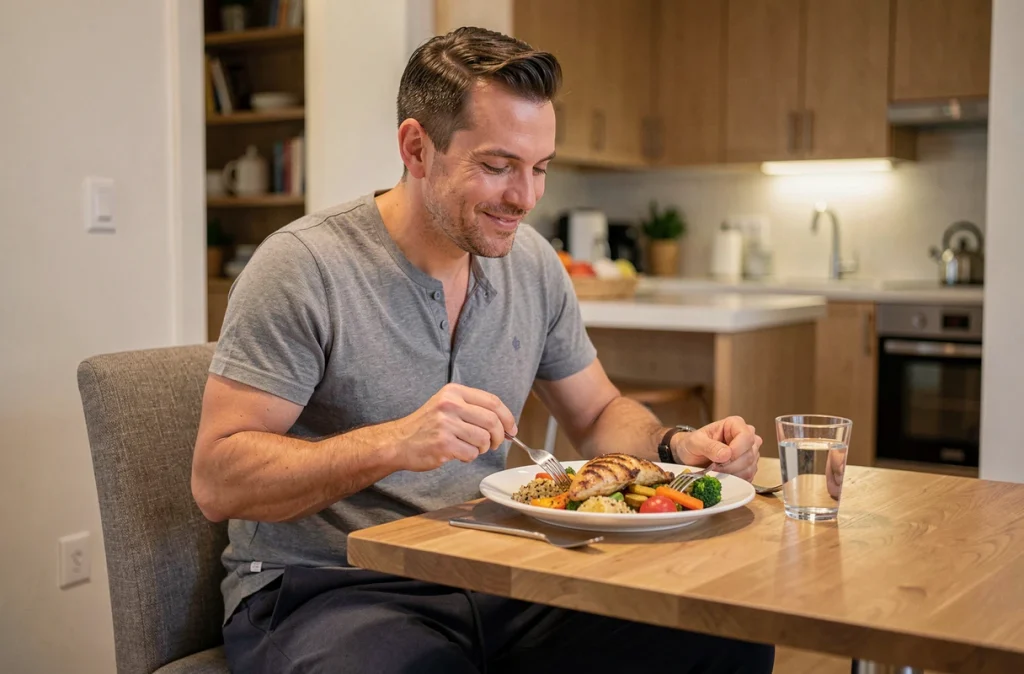 Homme mangeant un repas du soir équilibré à table dans son appartement, stratégie pour éviter le grignotage nocturne