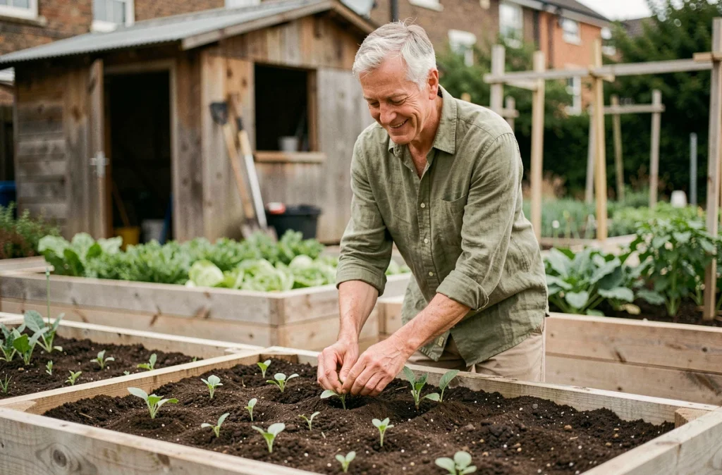 Homme retraité actif jardinage dans un potager urbain symbolisant une retraite épanouie et sereine