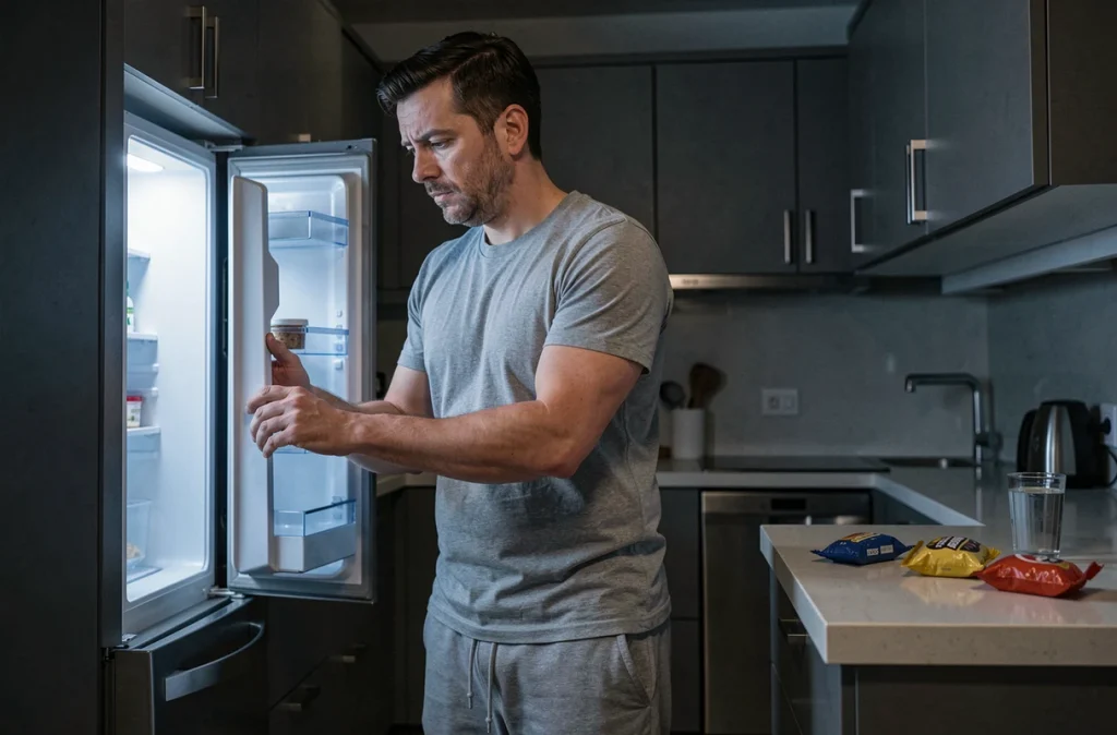 Homme stressé ouvrant le réfrigérateur la nuit, comportement alimentaire lié au cortisol et à l'accumulation de graisse abdominale