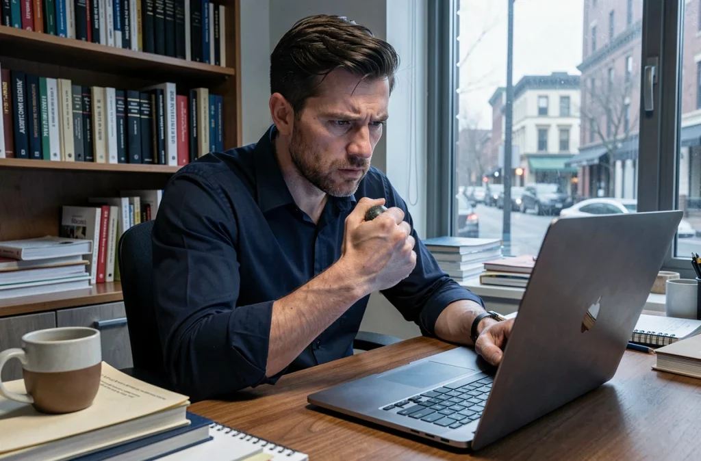Homme stressé serrant un worrying stone trop fort devant son ordinateur dans un bureau encombré