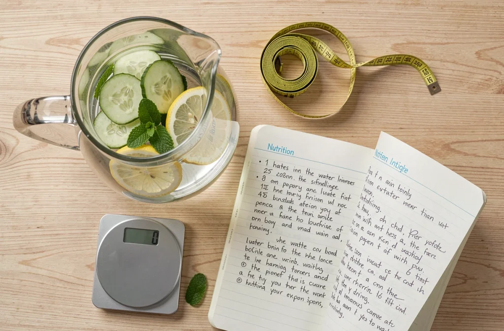 Vue de dessus d'une table avec une carafe d'eau infusée aux concombres et citrons, un journal de suivi nutritionnel et un ruban de mesure, symbolisant l'hydratation dans la gestion du poids