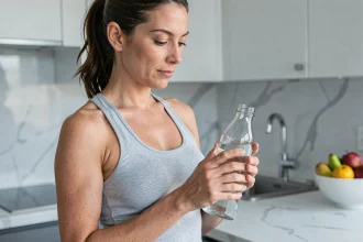 Femme tenant une bouteille d'eau dans une cuisine moderne, illustrant l'importance de l'hydratation pour la gestion du poids