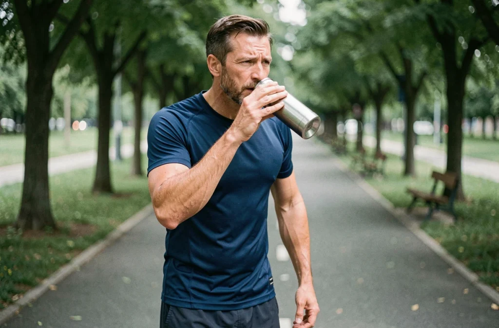 Homme buvant de l'eau pendant une session de jogging en plein air, lien entre hydratation et activité physique pour contrôler son poids