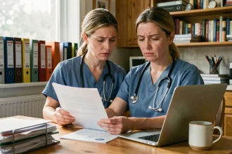 Infirmière libérale en blouse bleue consultant des documents réglementaires à son bureau à domicile