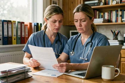 Infirmière libérale en blouse bleue consultant des documents réglementaires à son bureau à domicile
