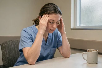Infirmière épuisée assise dans une salle de pause d'hôpital, illustrant le stress au travail des professionnels de santé