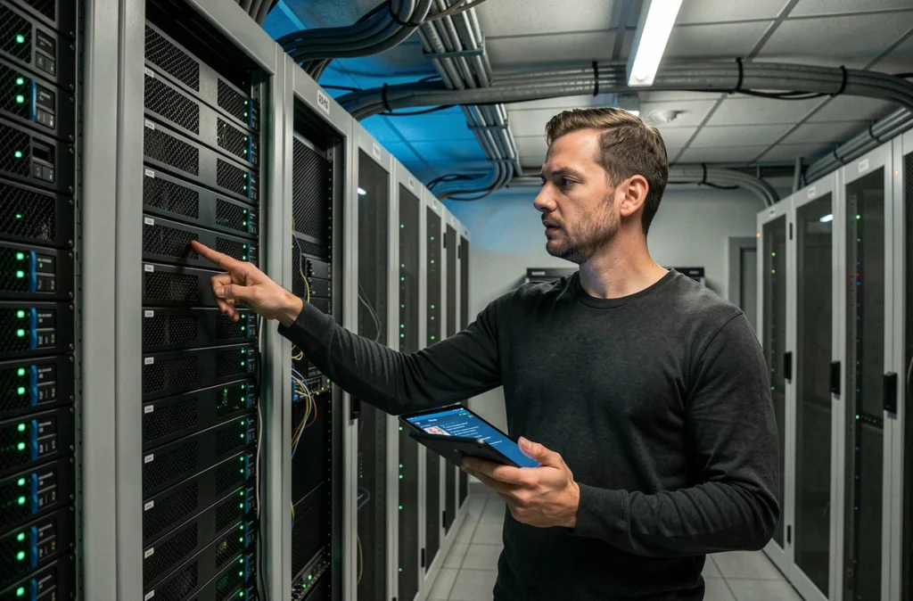 Spécialiste informatique en cybersécurité hospitalière inspectant des serveurs contenant des données médicales confidentielles