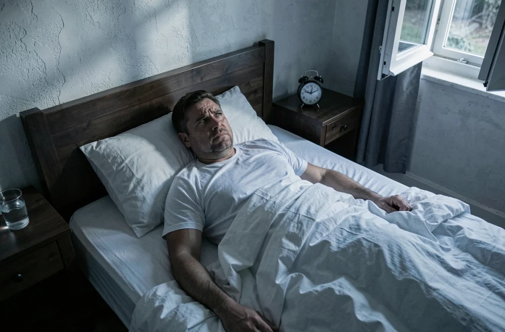 Homme insomniaque au milieu de la nuit, reflet des troubles du sommeil liés au stress chronique
