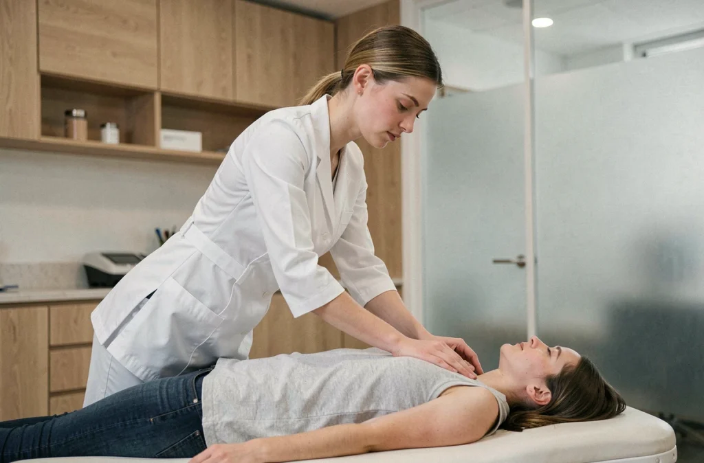 Jenna Compan jeune ostéopathe réalisant une mobilisation lombaire sur un patient