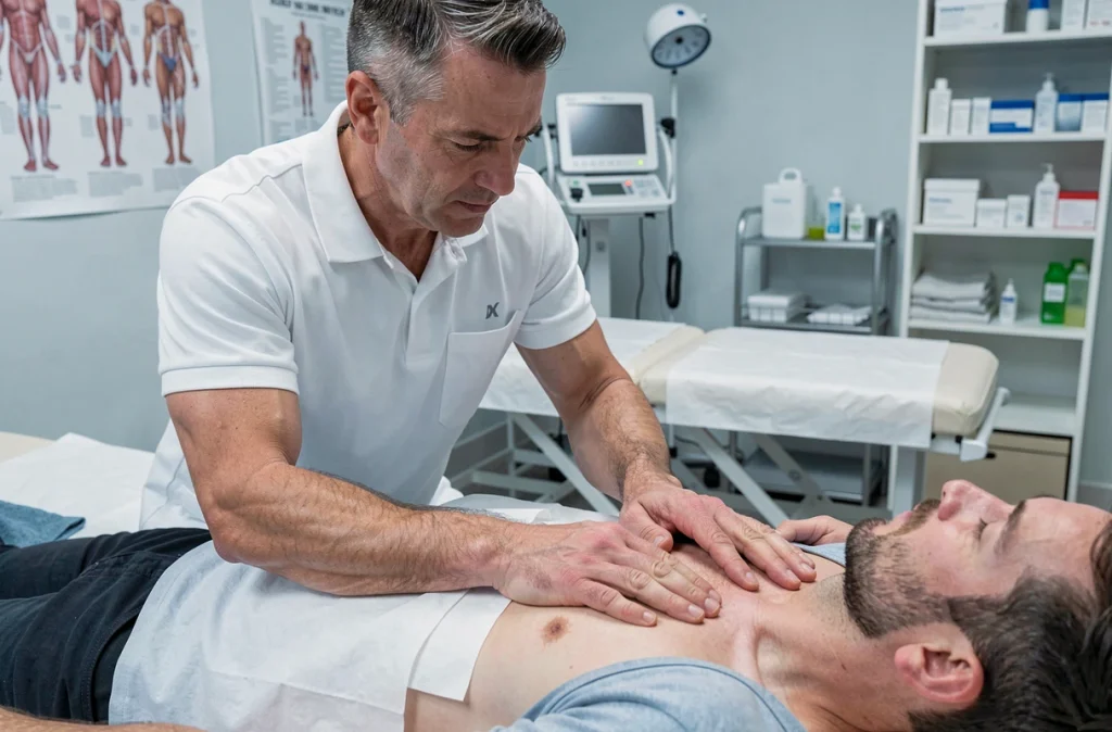 Kinésithérapeute examinant les côtes d'un sportif blessé sur une table de traitement, consultation pour côtes déplacées
