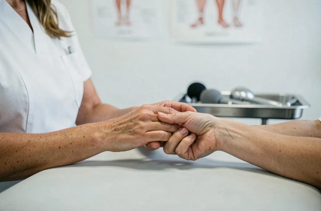 Kinésithérapeute examinant le poignet et les doigts d'un patient en cabinet médical pour troubles de la circulation