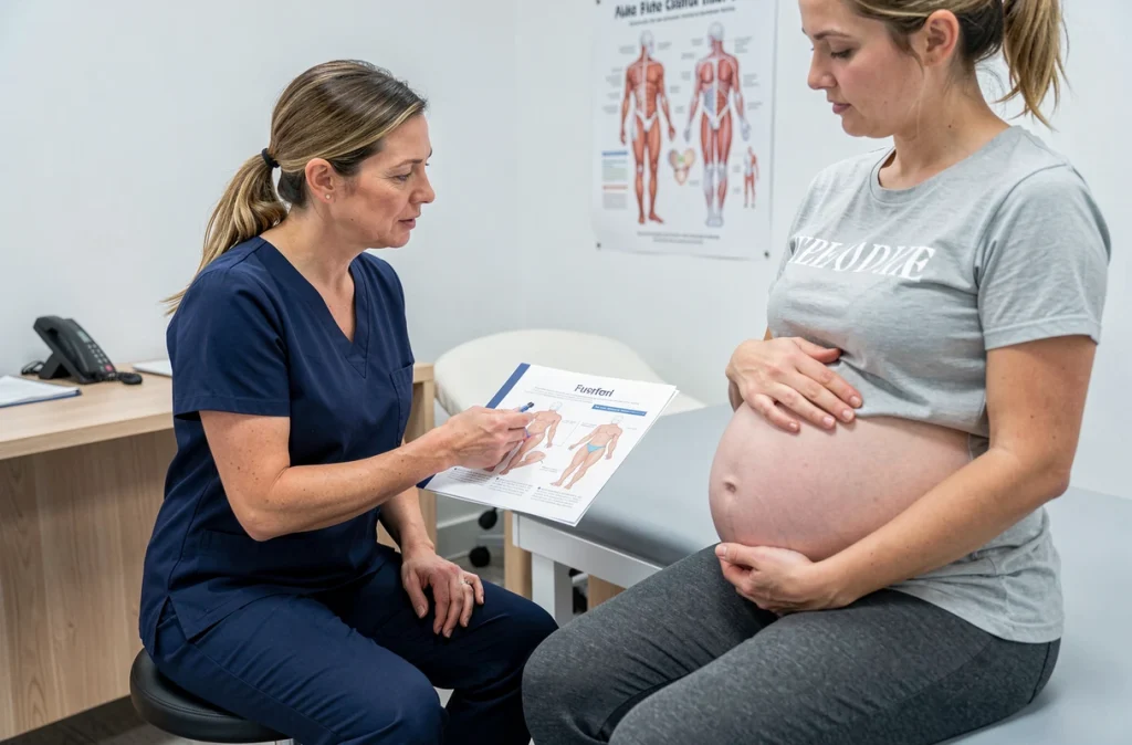 Kinésithérapeute expliquant les exercices de rééducation du périnée à une femme enceinte en cabinet médical