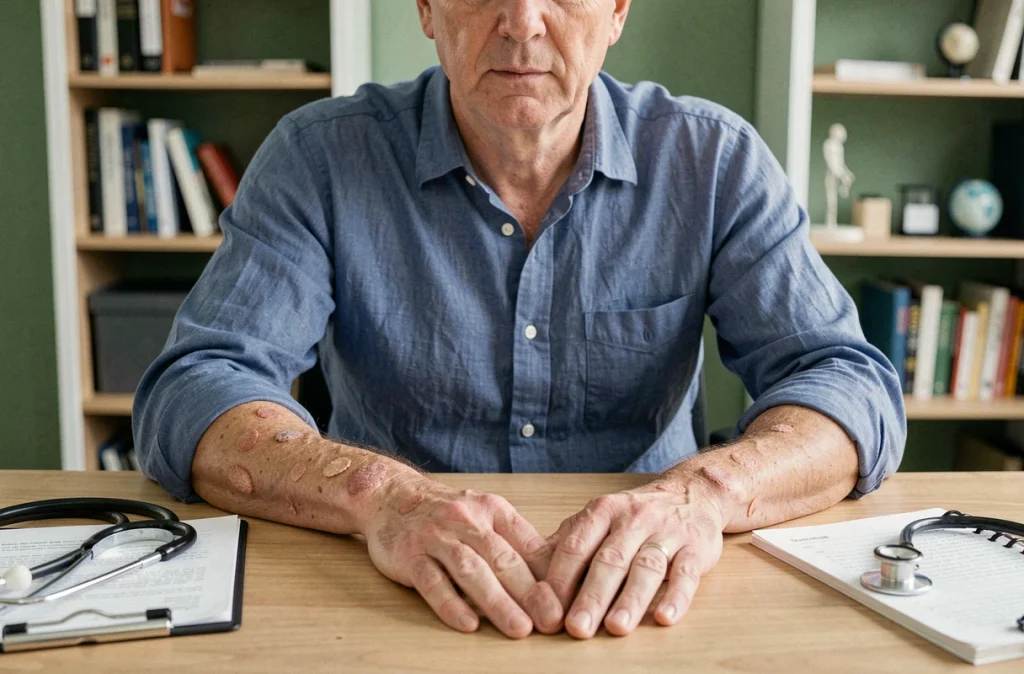 Patient masculin présentant des lésions discoïdes cutanées du lupus sur les avant-bras lors d'un examen médical