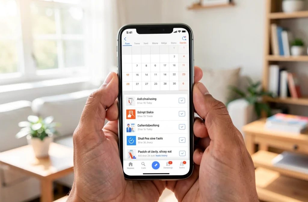 Main tenant un smartphone avec un agenda et des documents médicaux