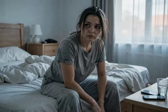 Femme fatiguée assise sur son lit en manque de sommeil avec des cernes prononcés