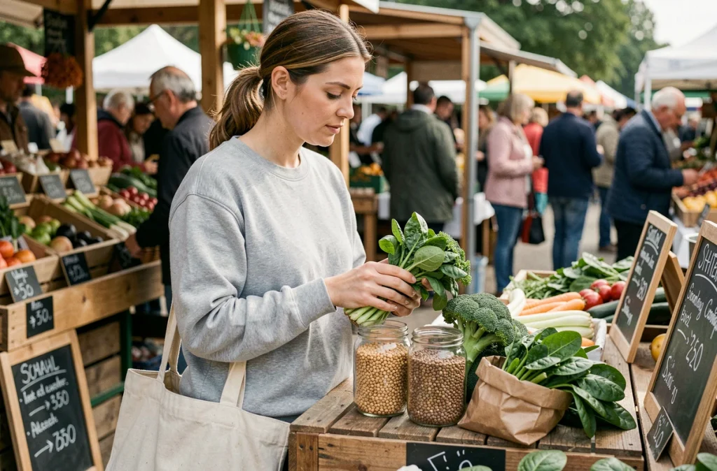 Jeune femme au marché sélectionnant des légumineuses et légumes verts coupe-faim naturels comme les lentilles et le brocoli