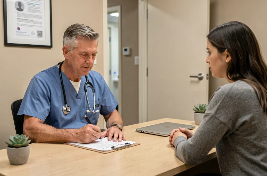 Médecin et patiente signant un formulaire de consentement relatif à la confidentialité des données médicales en cabinet de consultation