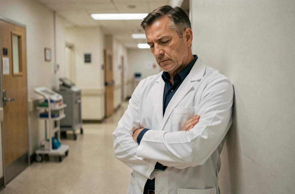 Médecin en blouse blanche appuyé contre un mur de couloir hospitalier, reflétant la pression psychologique des soignants