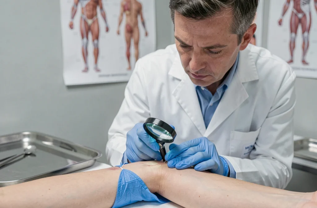 Médecin inspectant des fils résorbables sur une cicatrice de patient avec loupe médicale