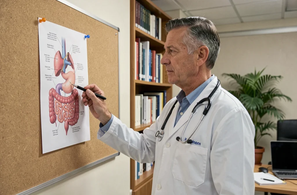 Médecin gastro-entérologue expliquant les effets de la maladie cœliaque sur le système digestif lors d'une consultation