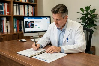 Médecin généraliste masculin révisant ses obligations de formation continue médicale dans son bureau