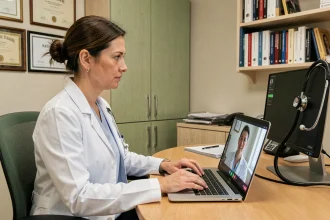 Médecin généraliste réalisant une téléconsultation en vidéo depuis son cabinet médical