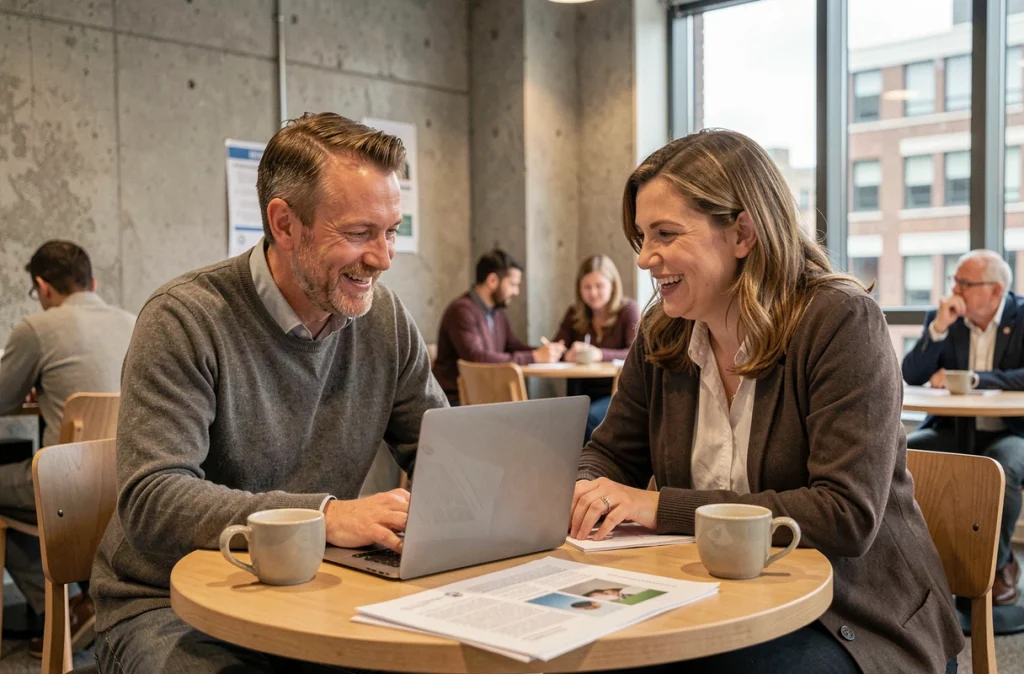Deux médecins généralistes collaborant sur des modules de formation continue médicale dans un espace commun hospitalier