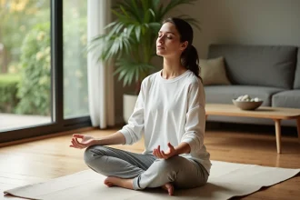 Femme pratiquant la méditation à domicile pour réduire le cortisol et le stress naturellement