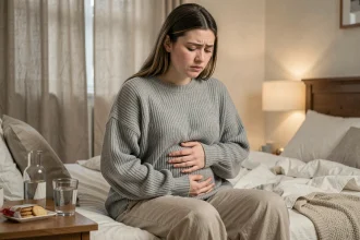 Jeune femme enceinte assise sur son lit, main posée sur le ventre, expression fatiguée, gestion des nausées du premier trimestre