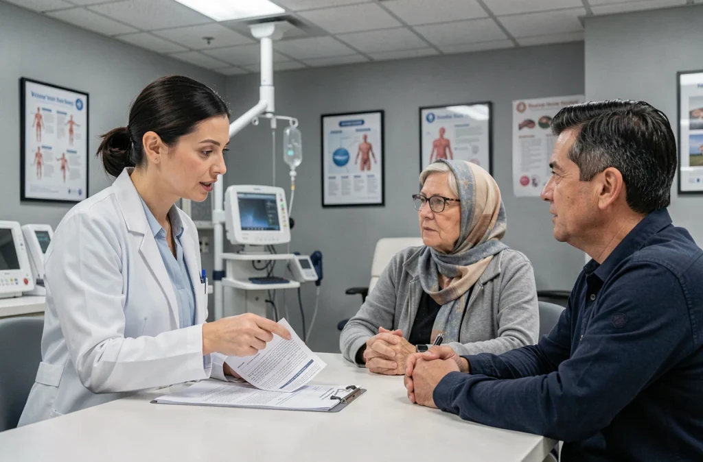 Une oncologue expliquant un plan de traitement par chimiothérapie à un couple de patients dans un hôpital
