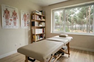 Cabinet d'ostéopathie dans les Landes avec table de soin et vue sur forêt de pins