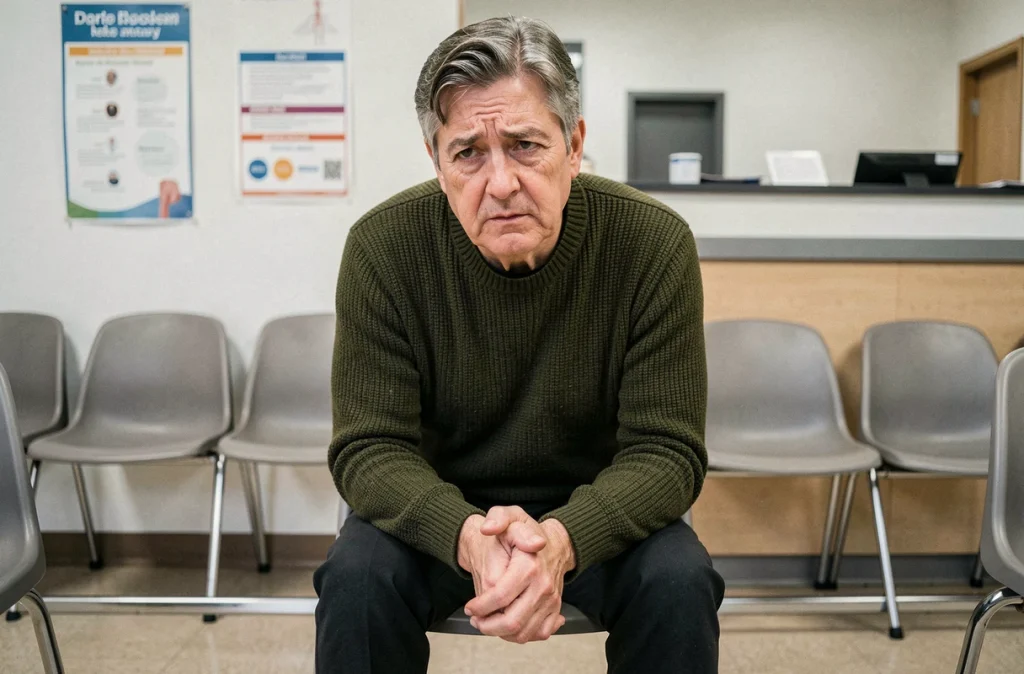 Patient fatigué dans une salle d'attente médicale, symbolisant les effets du stress chronique sur le système immunitaire
