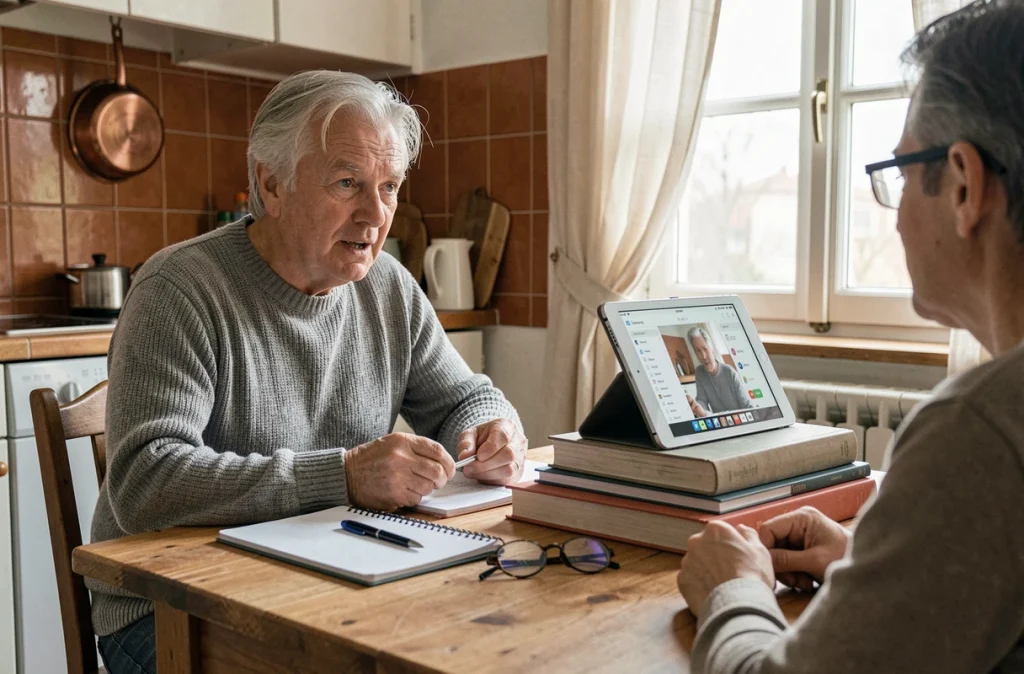 Patient âgé utilisant une tablette pour une téléconsultation médicale depuis son domicile