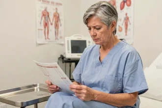 Patiente d'âge mûr consultant ses résultats d'analyse CA 19-9 dans un cabinet médical moderne