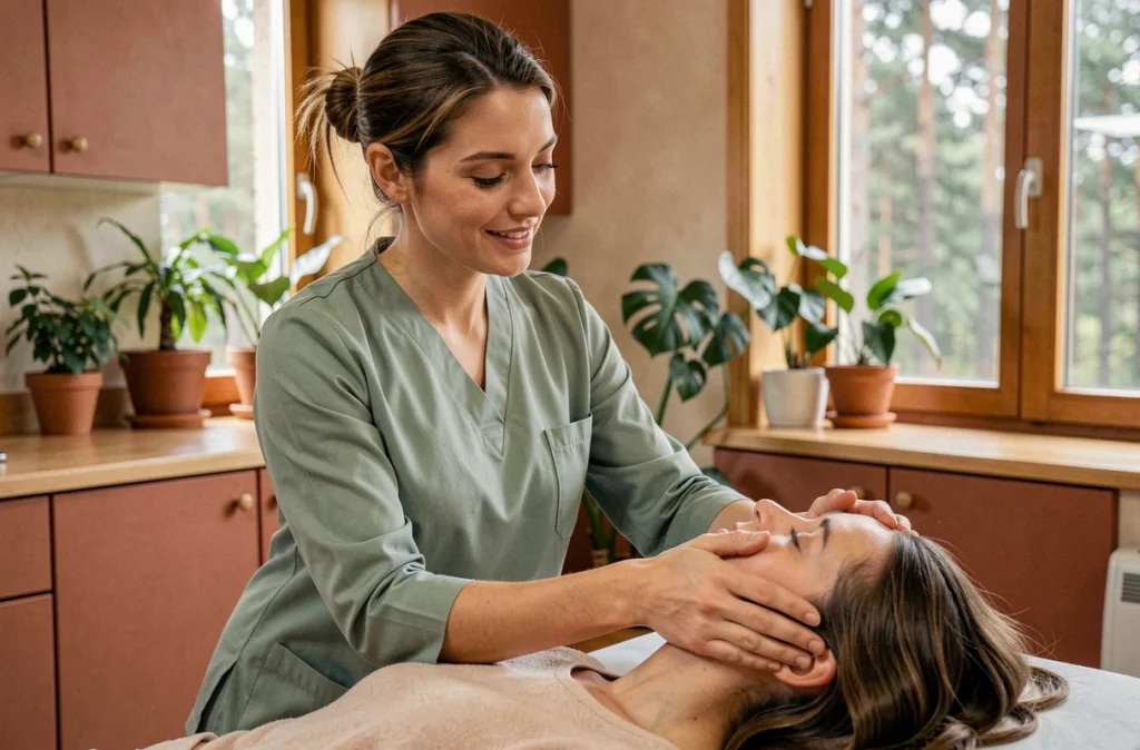 Pauline Tourres ostéopathe pratiquant une technique crânienne sur un patient