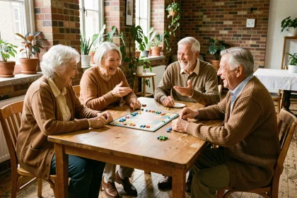 Groupe de personnes âgées jouant à un jeu de société ensemble dans un centre communautaire, illustrant les bienfaits de l'activité sociale pour lutter contre l'isolement