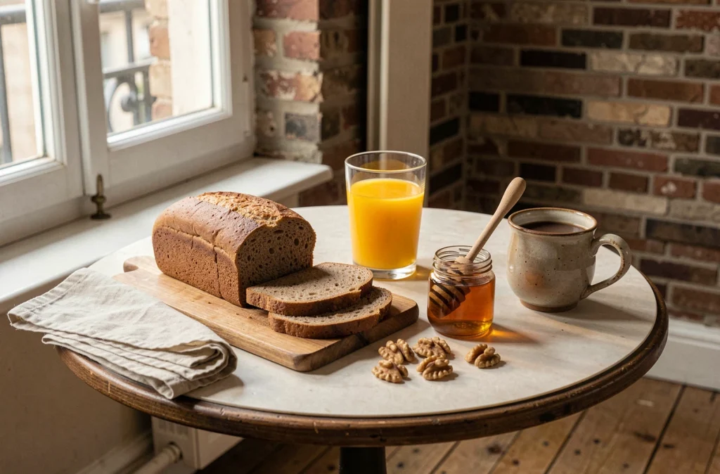 Petit-déjeuner sain avec pain de seigle, miel, noix et jus d'orange sur une table de style parisien