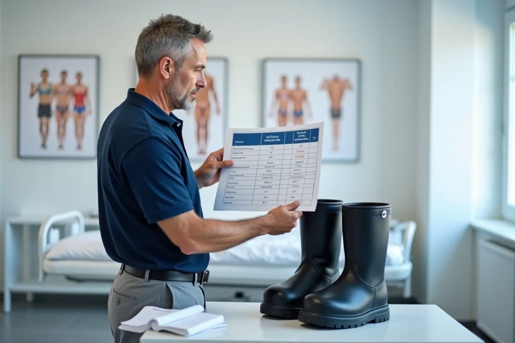 Physiothérapeute expliquant les caractéristiques techniques d'une comparaison de bottes de récupération dans une clinique sportive