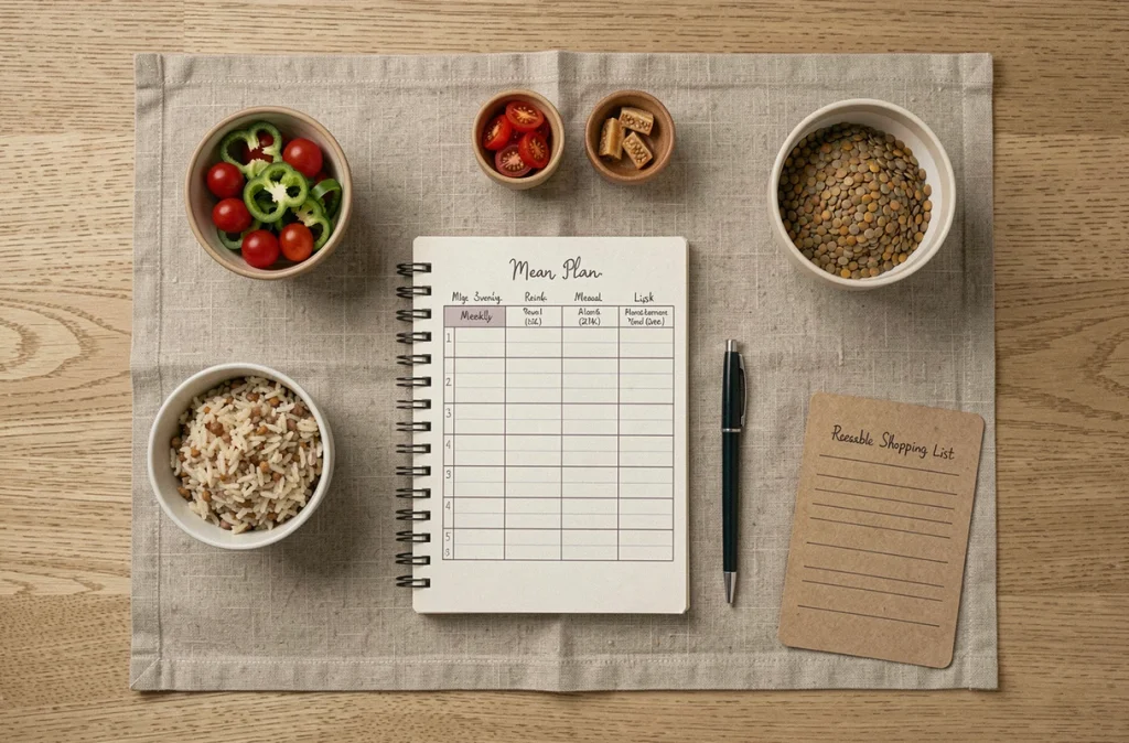 Vue de dessus d'un planning de repas du soir organisé avec des ingrédients préparés et un carnet de planification sur une table en bois