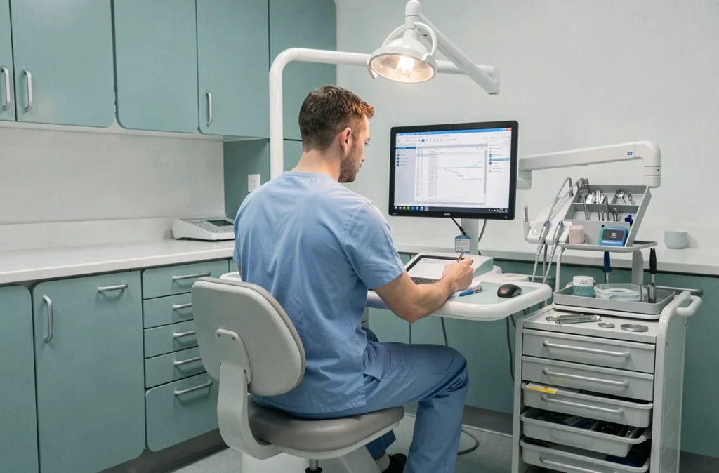 Assistant dentaire assis à un poste de travail ergonomique dans une salle de soins dentaires
