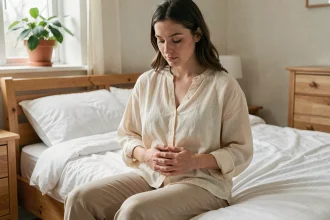 Jeune femme enceinte assise sur un lit tenant son ventre, reconnaissant les premiers signes de grossesse