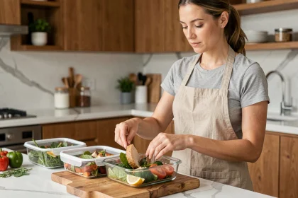 Femme préparant des repas du soir en portions dans des boîtes en verre sur un plan de travail en marbre, pour éviter le grignotage
