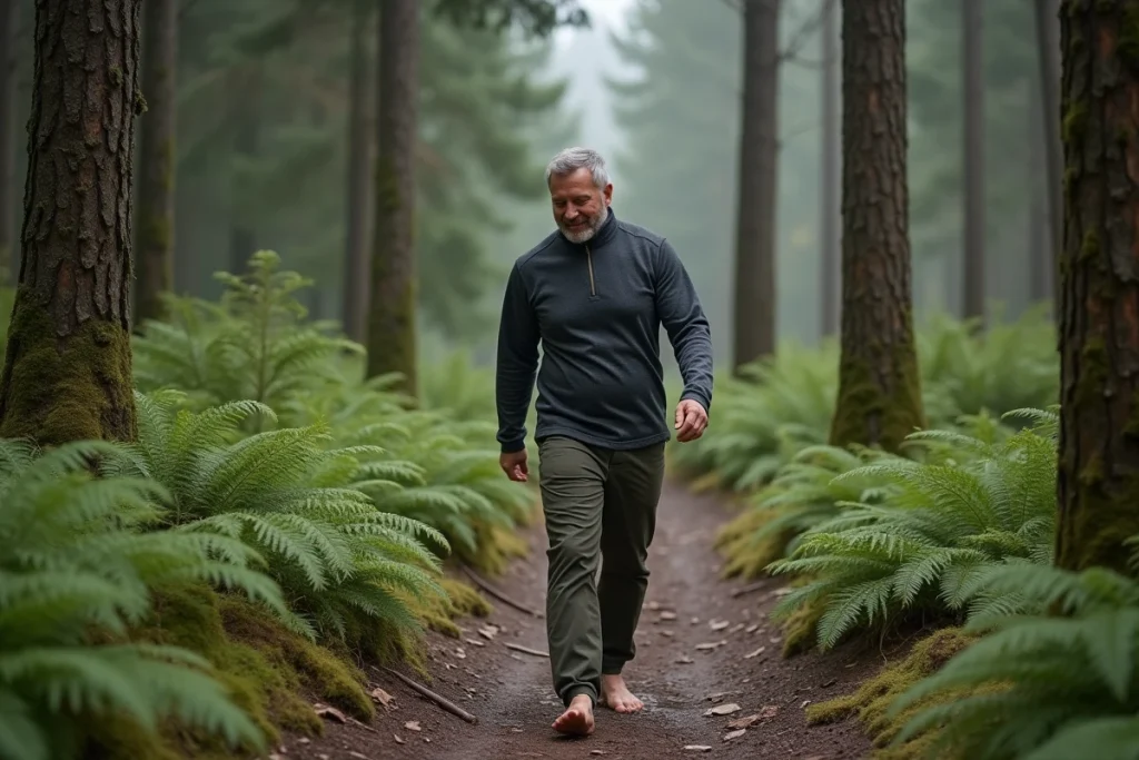 Homme se promenant en forêt pour diminuer le cortisol grâce à la sylvothérapie et au contact avec la nature